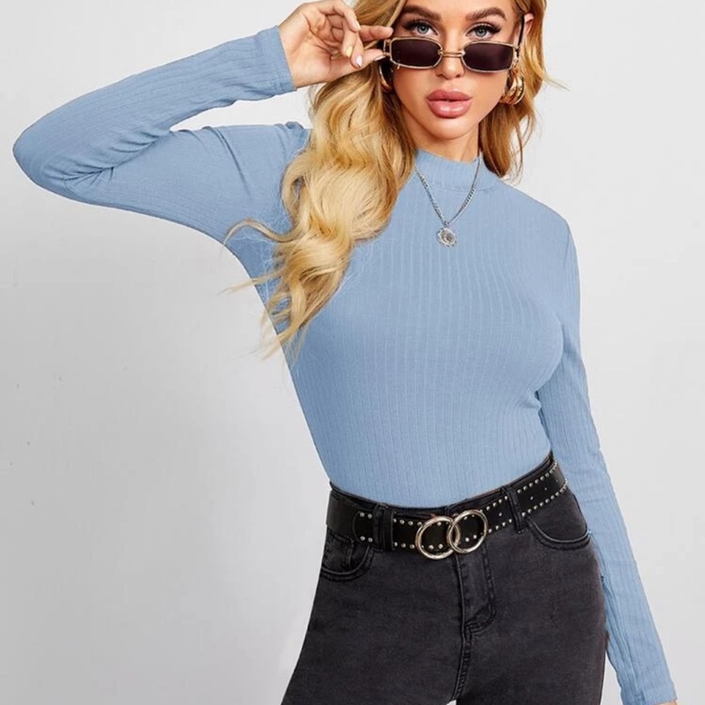 Fitted rib knit mockneck long sleeve tee charcoal - Picture 13 of 15